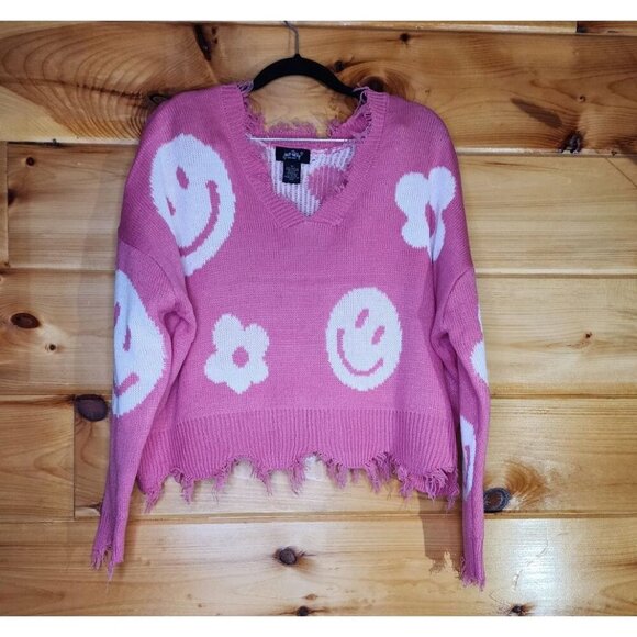 Just Polly Pink Daisy,Smiles Knit Sweater Cropped Raw Distressed Hem Oversized - Picture 1 of 9